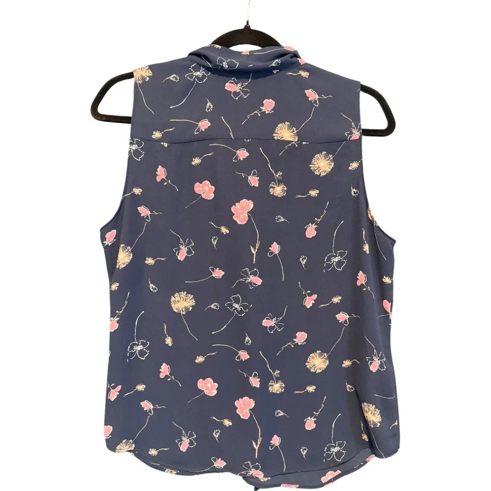 Ann‎ Taylor Womens Navy Blue Pink Floral Tie Neck Sleeveless Blouse Size Medium